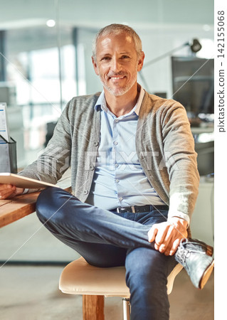 Mature man, tablet and portrait in office, chief executive officer and check email at desk. Person, entrepreneur and owner of finance firm at workplace, accounting app and website for economy update 142155068