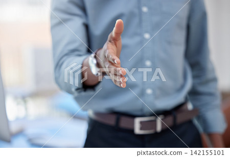 Handshake, offer and business person welcome to crm office, meeting intro or thank you for support. Shaking hands, opportunity and agreement for b2b deal, hiring contract and partnership of agent 142155101