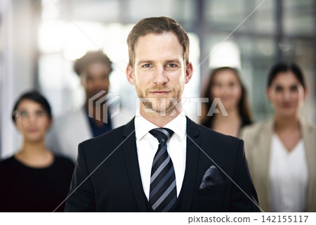 Teamwork, business people and portrait of man in office for partnership, collaboration and about us. Professional lawyers, diversity and men and women with confidence, company pride and leadership 142155117