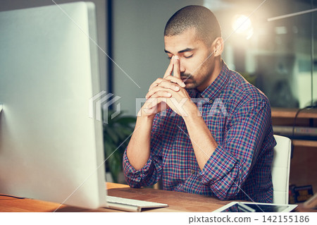Night, employee and man with headache, computer and graphic designer with anxiety and tired. Person, evening or exhausted with pc and migraine with pain and brain fog with fatigue, stress and burnout Night, employee and man with headache, computer and graphic designer with anxiety and tired. Person, evening or exhausted with pc and migraine with pain and brain fog with fatigue, stress and burnout 142155186