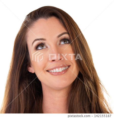 Studio, woman and thinking with smile for skincare, wellness and cosmetics ideas on white background. Female person, planning and thoughts for skin glow, facial routine and daily treatment with joy 142155187