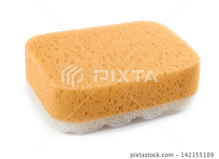 Yellow and white porous cleaning sponge isolated on a white background. Ideal for kitchen dishwashing, hygiene, and household wash. Yellow and white porous cleaning sponge isolated on a white background. Ideal for kitchen dishwashing, hygiene, and household wash. 142155189