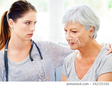 Bad news, results and nurse with senior woman in living room for medical test, cancer diagnosis or comfort in retirement home. Depression, caregiver and elderly patient for support, sympathy or help Bad news, results and nurse with senior woman in living room for medical test, cancer diagnosis or comfort in retirement home. Depression, caregiver and elderly patient for support, sympathy or help 142155191