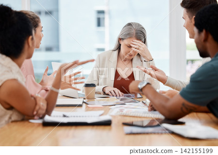 Business woman, overwhelmed and meeting with people, group or headache with questions for project. Mature leader, person and team at creative agency with stress, fatigue or burnout at job in Canada Business woman, overwhelmed and meeting with people, group or headache with questions for project. Mature leader, person and team at creative agency with stress, fatigue or burnout at job in Canada 142155199