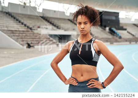 Confident, black woman or athlete portrait on sports track for fitness, running and training for competition. Female person, sportswear and outdoor on marathon field for workout, exercise and health 142155224