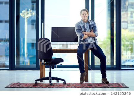 Portrait, business and man with arms crossed, startup and confidence with graphic designer, joyful and proud. Face, happy person and entrepreneur for company, career ambition and computer screen Portrait, business and man with arms crossed, startup and confidence with graphic designer, joyful and proud. Face, happy person and entrepreneur for company, career ambition and computer screen 142155246