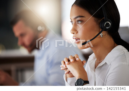 Woman, telemarketing and call center with thinking for customers, contact and business deal. Sales representative, consulting and pc with headset for digital communication, networking and negotiation Woman, telemarketing and call center with thinking for customers, contact and business deal. Sales representative, consulting and pc with headset for digital communication, networking and negotiation 142155341