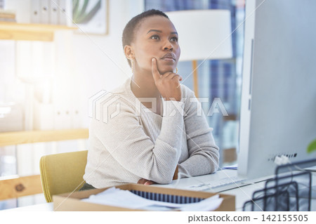 African female designer, thinking and office for creative career projects and workplace tasks for company. Profession, contemplate and desk for ideas, planning schedule and thoughtful on break African female designer, thinking and office for creative career projects and workplace tasks for company. Profession, contemplate and desk for ideas, planning schedule and thoughtful on break 142155505