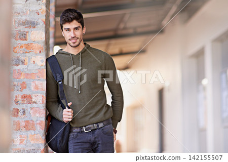 Male college student, smile and portrait on campus or university for education, higher learning or study. Young guy, happy and standing outdoor with bag for educational class with mockup space Male college student, smile and portrait on campus or university for education, higher learning or study. Young guy, happy and standing outdoor with bag for educational class with mockup space 142155507