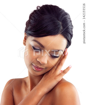 Black girl, makeup and calm in studio with closeup for beauty with eyelashes, cosmetics and glowing lips for self care or confidence. Woman, isolated and white background with dermatology or glamour Black girl, makeup and calm in studio with closeup for beauty with eyelashes, cosmetics and glowing lips for self care or confidence. Woman, isolated and white background with dermatology or glamour 142155516