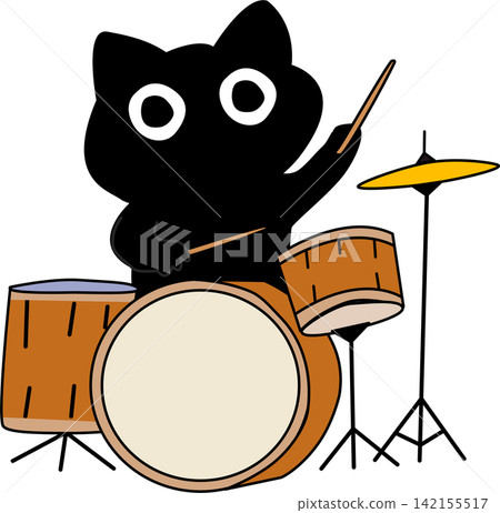 Cartoon Black cat Creature Playing Drums Cartoon Black cat Creature Playing Drums 142155517