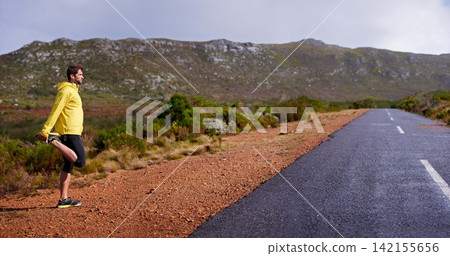 Male runner, stretch and rural road for warm up, running and fitness outdoor in nature with mountain. Active man or athlete in quiet environment for physical recreation and exercise on mockup Male runner, stretch and rural road for warm up, running and fitness outdoor in nature with mountain. Active man or athlete in quiet environment for physical recreation and exercise on mockup 142155656