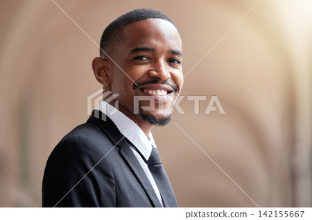 Smile, business and portrait of black man in city for confidence, happiness or positive mindset. Professional, corporate lawyer or male person for growth, pride or job opportunity with lens flare Smile, business and portrait of black man in city for confidence, happiness or positive mindset. Professional, corporate lawyer or male person for growth, pride or job opportunity with lens flare 142155667