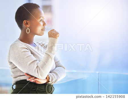 Thinking, window and black woman in office for decision, planning career or opportunity. Lens flare, corporate and female admin clerk at glass for solution, reflection or inspiration on project Thinking, window and black woman in office for decision, planning career or opportunity. Lens flare, corporate and female admin clerk at glass for solution, reflection or inspiration on project 142155908