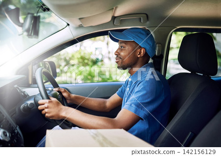 African delivery man, driving and logistics in car with boxes, stock and direction at job in supply chain. Person, courier and commercial vehicle for cardboard package, shipping and transportation African delivery man, driving and logistics in car with boxes, stock and direction at job in supply chain. Person, courier and commercial vehicle for cardboard package, shipping and transportation 142156129