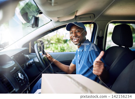 Black man, courier and thumbs up in car for boxes, portrait or smile for job in supply chain. Person, package and happy for delivery with sign, emoji or symbol for good service, choice or transport Black man, courier and thumbs up in car for boxes, portrait or smile for job in supply chain. Person, package and happy for delivery with sign, emoji or symbol for good service, choice or transport 142156234