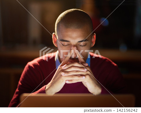 Night, burnout or businessman with headache for laptop news of tax, audit or bankruptcy in office. Vertigo, anxiety or entrepreneur at startup frustrated by pc glitch, 404 or disaster mistake stress Night, burnout or businessman with headache for laptop news of tax, audit or bankruptcy in office. Vertigo, anxiety or entrepreneur at startup frustrated by pc glitch, 404 or disaster mistake stress 142156242