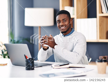 Portrait, employee and black man at desk, coffee and laptop with professional and career ambition. African person, face or entrepreneur with morning tea or pc with agent and business owner with smile Portrait, employee and black man at desk, coffee and laptop with professional and career ambition. African person, face or entrepreneur with morning tea or pc with agent and business owner with smile 142156243