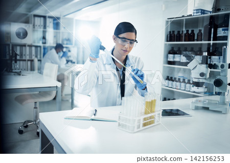 Woman, vial or scientist in laboratory for science innovation, life expectancy or antiaging medicine. Futuristic, medical test or healthcare biologist with chemistry liquid in research or examination Woman, vial or scientist in laboratory for science innovation, life expectancy or antiaging medicine. Futuristic, medical test or healthcare biologist with chemistry liquid in research or examination 142156253