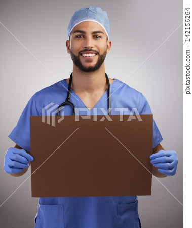 Portrait, surgeon or man with healthcare poster, advertising or mockup isolated on white studio background. Face, sign or medical professional with board for space, marketing or happy nurse show info Portrait, surgeon or man with healthcare poster, advertising or mockup isolated on white studio background. Face, sign or medical professional with board for space, marketing or happy nurse show info 142156264