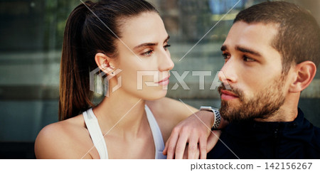 Fitness, break and couple in city for running workout, outdoor training and exercise in London, England. Sports people, runners and face of man with woman for race, wellness or marathon challenge Fitness, break and couple in city for running workout, outdoor training and exercise in London, England. Sports people, runners and face of man with woman for race, wellness or marathon challenge 142156267