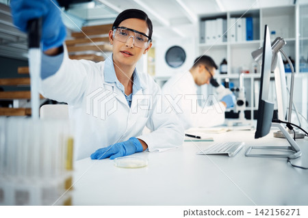 Lab, microscope and scientist or working woman, science experiment and microbiologist with organism for research study. Virus, bacteria and biotechnology innovation, professional and test tube Lab, microscope and scientist or working woman, science experiment and microbiologist with organism for research study. Virus, bacteria and biotechnology innovation, professional and test tube 142156271