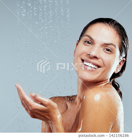 Portrait, cleaning or happy woman in shower for body hygiene, skincare or washing with wellness or water. Relax, grey background or girl in studio with smile or liquid for beauty, health or drops Portrait, cleaning or happy woman in shower for body hygiene, skincare or washing with wellness or water. Relax, grey background or girl in studio with smile or liquid for beauty, health or drops 142156286