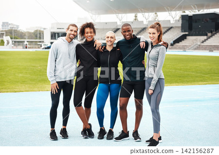 Fitness, race track and portrait of group of people in arena for challenge, cardio workout or resilience training. Sports, diversity and happy athletes for relay event, teamwork or competition Fitness, race track and portrait of group of people in arena for challenge, cardio workout or resilience training. Sports, diversity and happy athletes for relay event, teamwork or competition 142156287