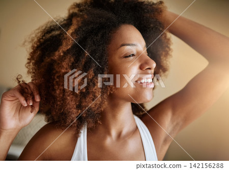 Home, morning and black woman stretching, peace and happiness with weekend break, calm and stress relief. Bedroom, apartment and African person with wellness, fresh and smile with healthy routine Home, morning and black woman stretching, peace and happiness with weekend break, calm and stress relief. Bedroom, apartment and African person with wellness, fresh and smile with healthy routine 142156288