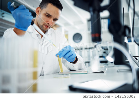 Science, man and dropper on test tube for research, exam or chemical analysis for healthcare innovation in laboratory. Pipette, serious scientist and medical study for drugs, liquid or biotechnology Science, man and dropper on test tube for research, exam or chemical analysis for healthcare innovation in laboratory. Pipette, serious scientist and medical study for drugs, liquid or biotechnology 142156302