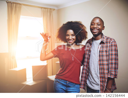 Black couple, real estate and portrait or happy in new house with keys, support or moving day with sunlight. People, homeowner and excited for property investment, dream home or relocation with boxes Black couple, real estate and portrait or happy in new house with keys, support or moving day with sunlight. People, homeowner and excited for property investment, dream home or relocation with boxes 142156444
