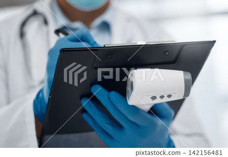 Doctor, person and thermometer with clipboard in hospital for medical data, information and record of patient symptoms. Specialist, clinic and form for prescription, diagnosis and results for health 142156481