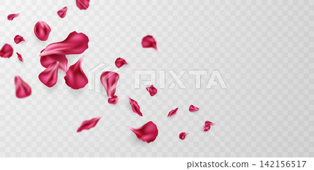 Red flower petals fall onto an abstract floral background, featuring beautiful floral patterns on a greeting card. Vector illustration. Red flower petals fall onto an abstract floral background, featuring beautiful floral patterns on a greeting card. Vector illustration. 142156517