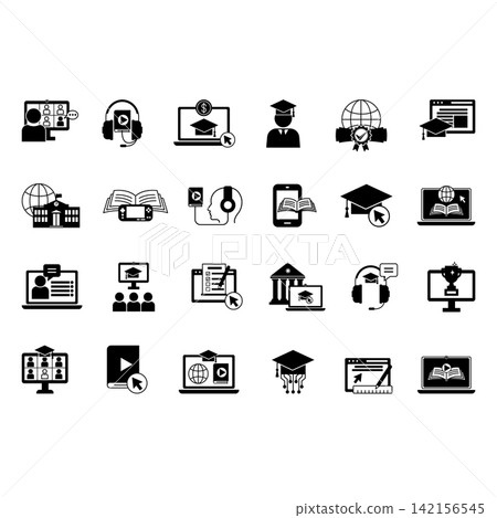 Black Online Education Icon Set. Vector Icons Online School, Mentor, Learning Platform, Student, Audio Course, Tuition Fees, E-Book, Reward, E-Learning, Online Test, and More Black Online Education Icon Set. Vector Icons Online School, Mentor, Learning Platform, Student, Audio Course, Tuition Fees, E-Book, Reward, E-Learning, Online Test, and More 142156545