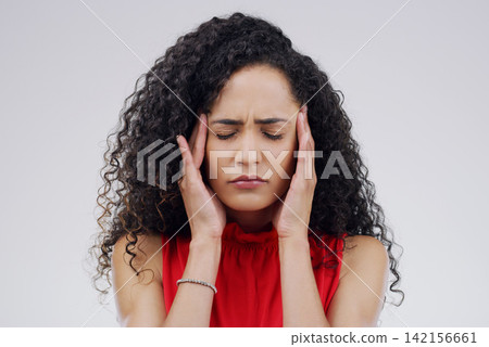 Woman, hands and headache or temple pain in studio with pressure or fatigue, migraine or vertigo. Female person, massage and white background with brain fog tension or dizzy, burnout or mockup space Woman, hands and headache or temple pain in studio with pressure or fatigue, migraine or vertigo. Female person, massage and white background with brain fog tension or dizzy, burnout or mockup space 142156661