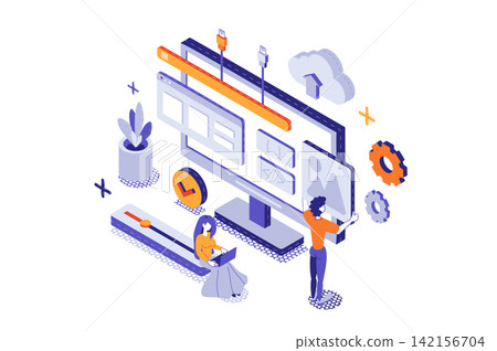 Software development 3d isometric concept with isometry people for web design. Team programming and creating products, testing code, editing and engineering, finding solutions. Vector illustration. Software development 3d isometric concept with isometry people for web design. Team programming and creating products, testing code, editing and engineering, finding solutions. Vector illustration. 142156704
