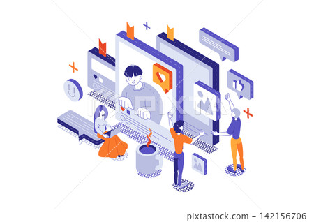Social networking 3d isometric concept with isometry people for web design. Users browsing online, communicating, like posts in social media, sharing information or content. Vector illustration. Social networking 3d isometric concept with isometry people for web design. Users browsing online, communicating, like posts in social media, sharing information or content. Vector illustration. 142156706
