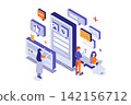 Sharing feedback 3d isometric concept with isometry people for web design. Customers evaluating satisfaction in survey, leaving online comments and reactions with positive review. Vector illustration. 142156712