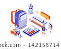 School learning 3d isometric concept with isometry people for web design. Education process and e-learning, studying at lessons and lecture, training skills and doing homework. Vector illustration. 142156714
