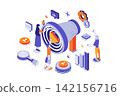Referral marketing 3d isometric concept with isometry people for web design. Promotion with refer friends, loyalty program for customers, affiliate collaboration and partnership. Vector illustration. 142156716