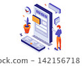 Mobile services 3d isometric concept with isometry people for web design. Social media and online networking, calls and messaging in apps, cloud storage, banking and shopping. Vector illustration. 142156718