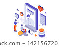 Medical service 3d isometric concept with isometry people for web design. Online video consultation with doctor for aid help and diagnosis, treatment prescription and support. Vector illustration. 142156720