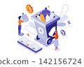 Ecology problem 3d isometric concept with isometry people for web design. Collecting trash in separation bin, recycle and reuse plastic, waste management for global eco cleanup. Vector illustration. 142156724