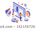 Digital marketing 3d isometric concept with isometry people for web design. Advertising campaign for audience engagement, analyzing data charts, online promotion and target. Vector illustration. 142156726