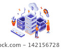 Data center 3d isometric concept with isometry people for web design. Database infrastructure with server racks for secure cloud storage technology, ai processing and computing. Vector illustration. 142156728