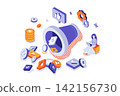 Business funnel 3d isometric concept with isometry people for web design. Lead generation conversion with advertising strategy and sales, business target and earning money flow. Vector illustration. 142156730