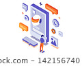 AI chat 3d isometric concept with isometry people for web design. Online communication with digital assistant in mobile app, texting with chat bot, using artificial intelligence. Vector illustration. 142156740