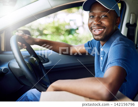 African delivery man, driving and happy in car with boxes, stock and portrait at job in supply chain. Person, courier and smile in commercial vehicle for cardboard package, shipping and transport African delivery man, driving and happy in car with boxes, stock and portrait at job in supply chain. Person, courier and smile in commercial vehicle for cardboard package, shipping and transport 142156796