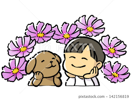 A child and a dog smiling at each other amidst a field of blooming cosmos flowers. 142156819