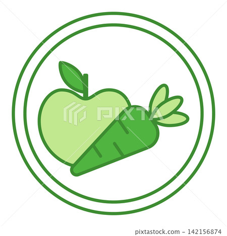 Green Label High Fiber. Vector Icon. Apple and Carrot, Vegetables and Fruits. Cat's Food Properties. Food Packaging Sticker Green Label High Fiber. Vector Icon. Apple and Carrot, Vegetables and Fruits. Cat's Food Properties. Food Packaging Sticker 142156874
